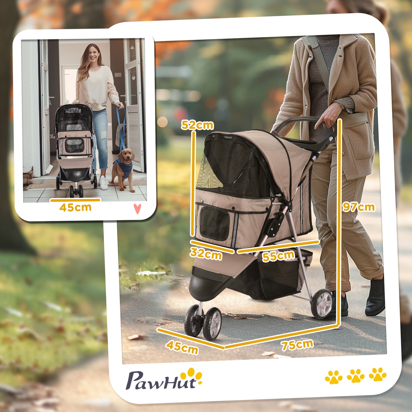 Pet Stroller Pushchair Carrier for Cat Puppy with 3 Wheels Brown Pawhut