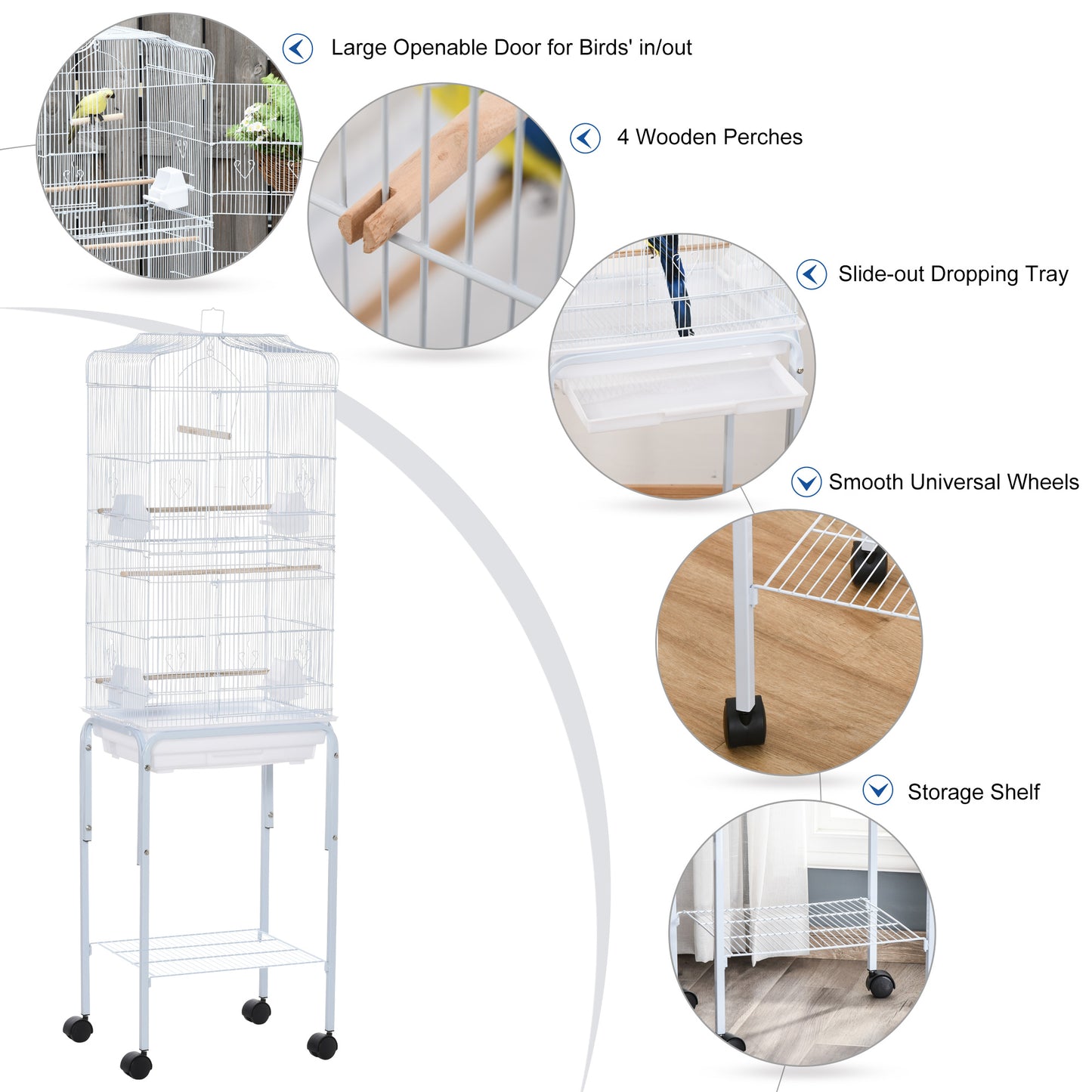 Bird Cage for Budgie Finch Canary Parakeet W/ Stand Sliding Tray White Pawhut