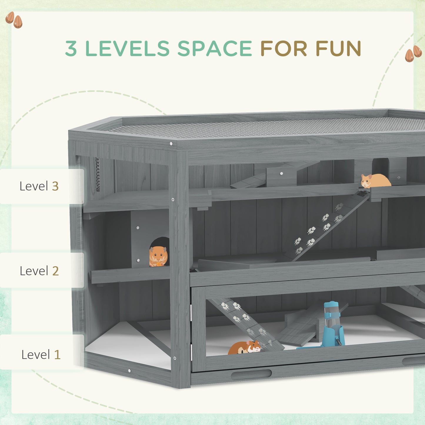 PawHut 3 Tier Wooden Hamster Cage Gerbil Play Centre w/ Sliding Tray Ramps