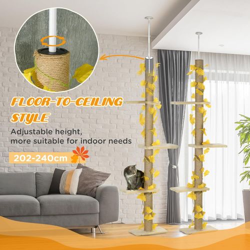 242cm Adjustable Floor-To-Ceiling Cat Tree w/ Anti-Slip Kit - Yellow