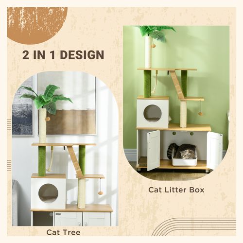 PawHut 2 in 1 Hidden Litter Box with Green Leaf Cat Tree, Indoor, Oak