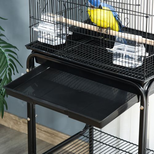 Bird Cage Metal Budgie Cages W/ Rolling Stand Slide-out Tray Storage Shelf Black