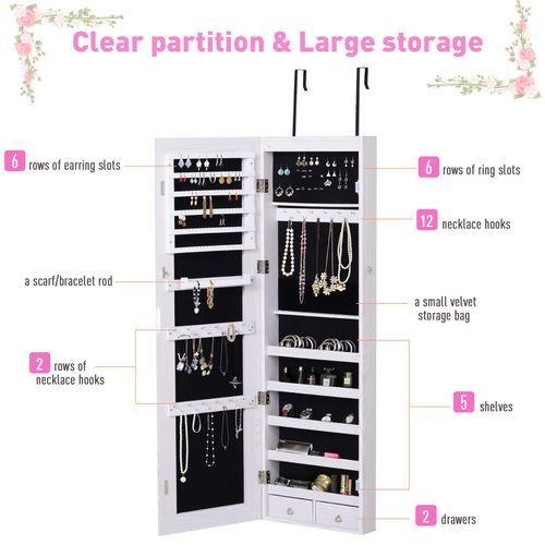 Hanging Mirrored Jewel Storage Cabinet Organiser Lockable w/6 LED White