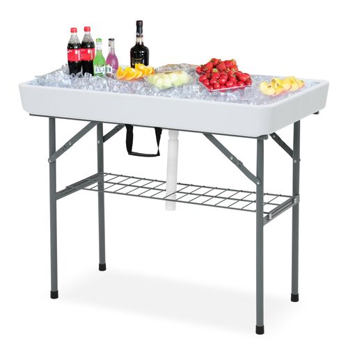 Ice Table with Drain, Folding Ice Cooler Drinks Table with Skirt, Ice Serving Buffet Bar for Party, BBQ, Camping, Garden, Folding Sink Fish/Food Cleaning Table