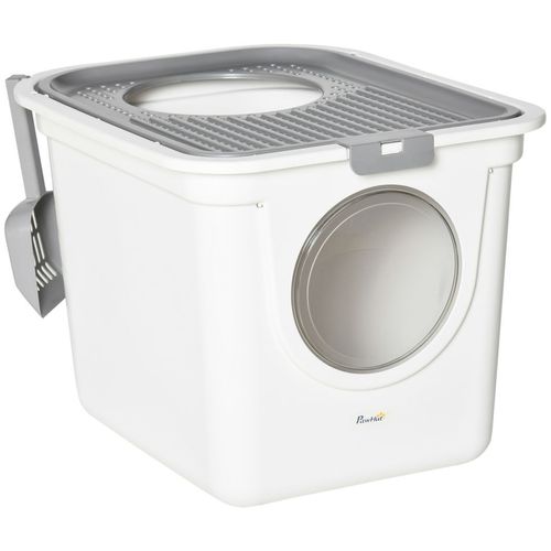 Cat Litter Tray Pet Litter Box Toilet w/ Front Entrance, Top Exit, Scoop - White