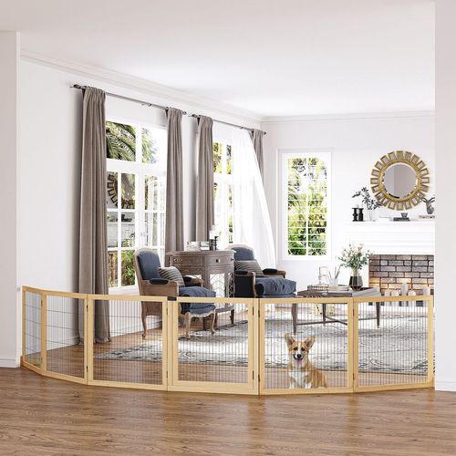 PawHut Freestanding Pet Dog Gate, Six-Panel Foldable Wooden Playpen, 432cm