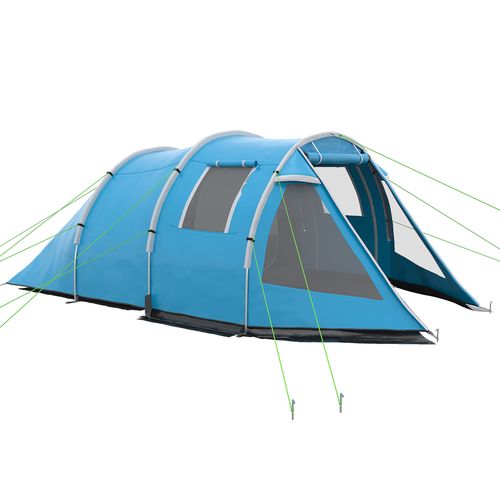 3-4 Persons Tunnel Tent, Two Room Camping Tent w/ Windows, Blue