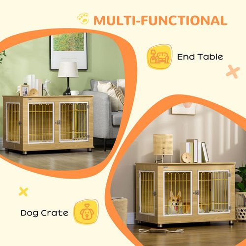 Dog Crate Furniture, Dog Crate End Table w/ Soft Cushion, Double Door - Oak Tone