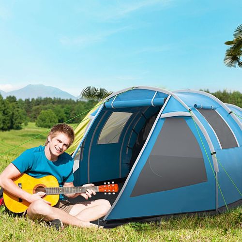 3-4 Persons Tunnel Tent, Two Room Camping Tent w/ Windows, Blue