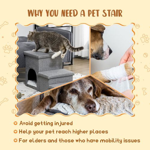 PawHut 3 Step Dog Steps for Bed w/ Cat House Storage Boxes for Sofa Grey