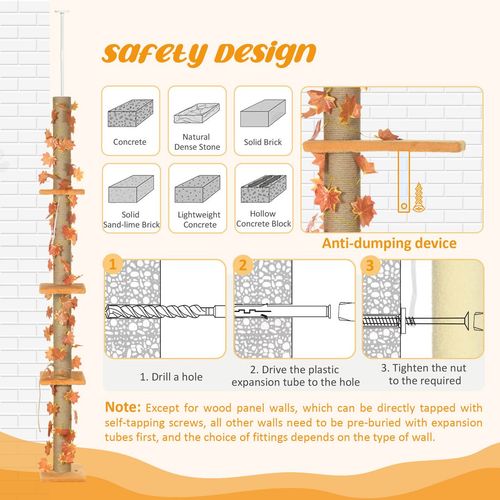 242cm Adjustable Floor-To-Ceiling Cat Tree w/ Anti-Slip Kit - Orange