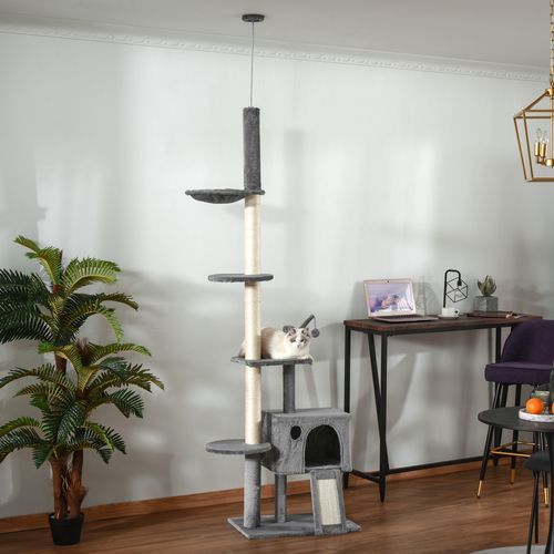 238-270cm Floor to Ceiling Cat Tree Tower w/ Scratching Post Hammock House Grey