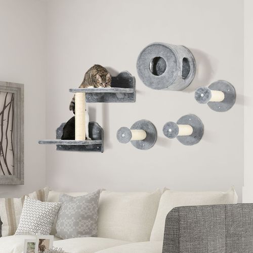 5Pcs Cat Wall Furniture with Perch, Cat Condo, Scratching Post - Grey