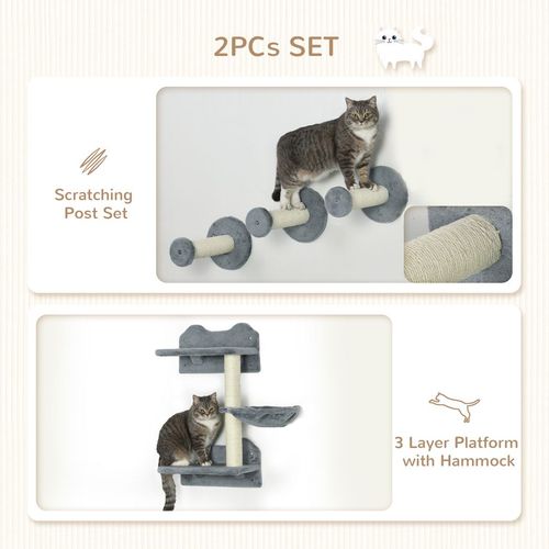 Cat Shelf with Scratching Post, Wall-Mounted Cat Tree for Indoor Cat - Grey