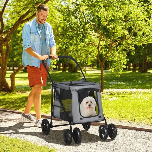 PawHut One-click Foldable Pet Stroller w/ Mesh Windows, for Small Pets - Grey