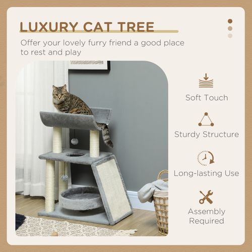 Cat Tree Tower for Indoor Cats w/ Scratching Posts, Pad, Light Grey, Toy Ball