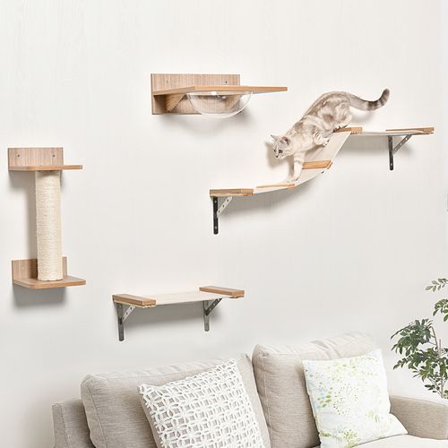 Cat Tree 4PCs Wall-mounted Shelf Set Climbing Tower W/ Hammock Scratching Post