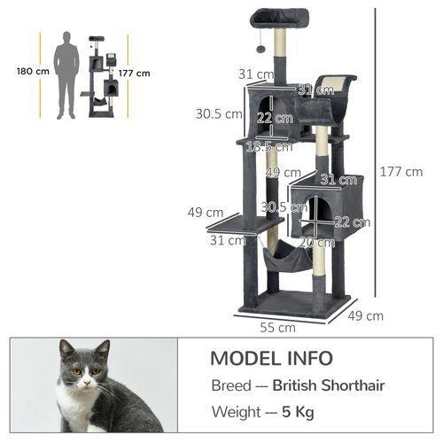 PawHut 177cm Cat Tree for Indoor Cats, Modern Cat Tower with Hammock - Dark Grey