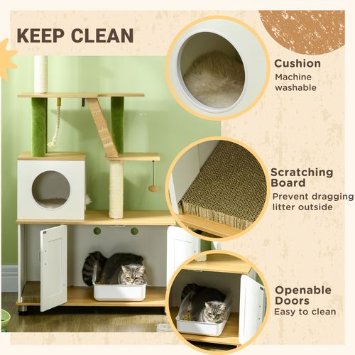 PawHut 2 in 1 Hidden Litter Box with Green Leaf Cat Tree, Indoor, Oak