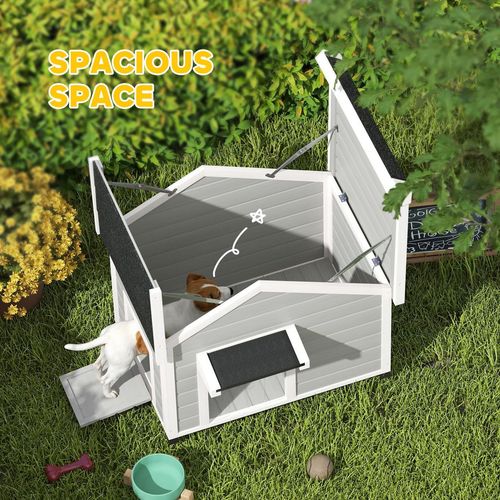 Wooden Dog House, Dog Kennel Outdoor w/ Openable Roof, Removable Floor, Curtain