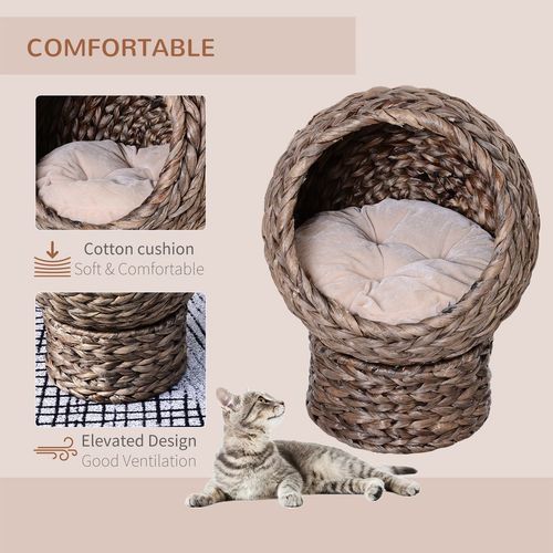 Wicker Cat House, Raised Cat Bed with Cylindrical Base, 42 x 33 x 52cm - Brown