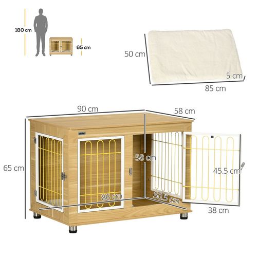 Dog Crate Furniture, Dog Crate End Table w/ Soft Cushion, Double Door - Oak Tone