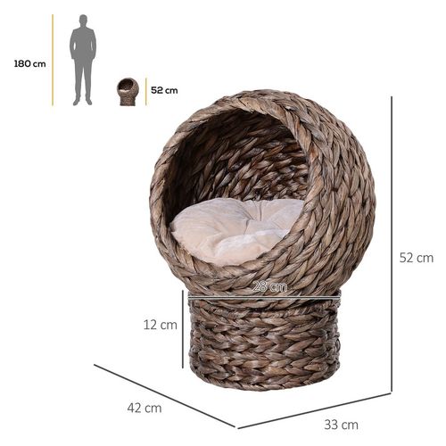 Wicker Cat House, Raised Cat Bed with Cylindrical Base, 42 x 33 x 52cm - Brown