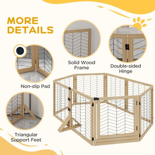 PawHut 8 Panels Freestanding Dog Barrier for S and M Dogs - Natural Wood