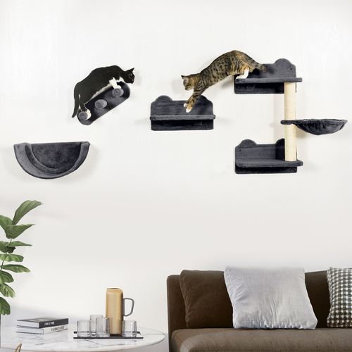 PawHut 4PCs Wall Mounted Cat Tree Cat Wall Shelves W/ Scratching Post Dark Grey