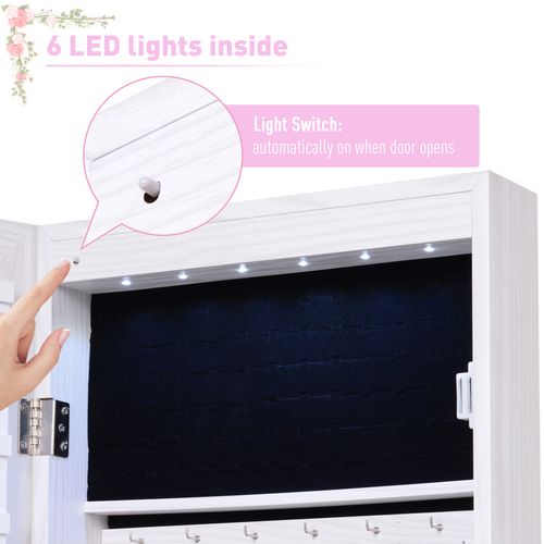 Hanging Mirrored Jewel Storage Cabinet Organiser Lockable w/6 LED White