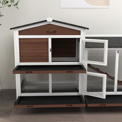 PawHut Wooden Rabbit Hutch Guinea Pig Cage w/ Wheels, Run, Ramp, Brown