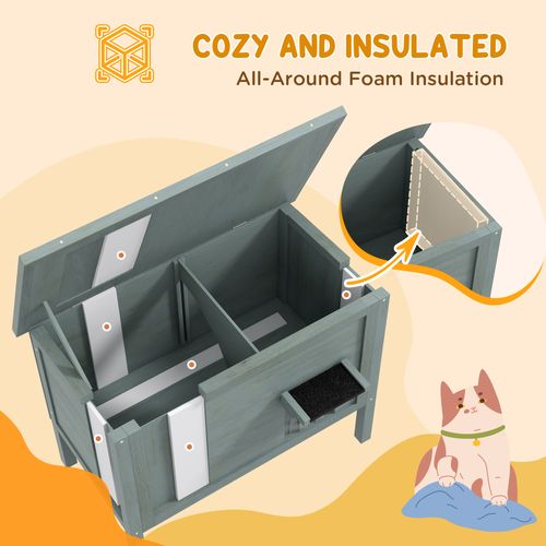 PawHut Outdoor Feral Cat House Insulated w/ Openable Roof - Charcoal Grey