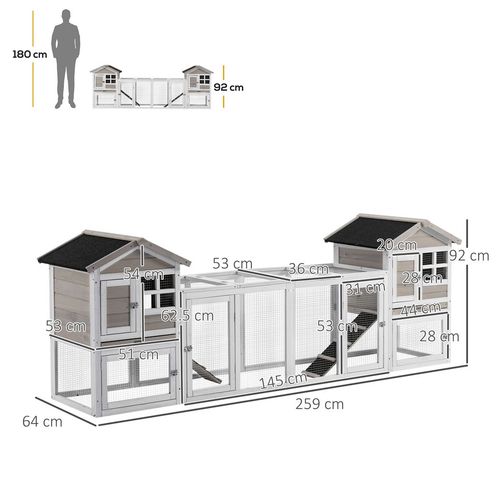 2-In-1 Wooden Rabbit Hutch w/ Double House, Run Box, Slide-Out Tray, Ramp