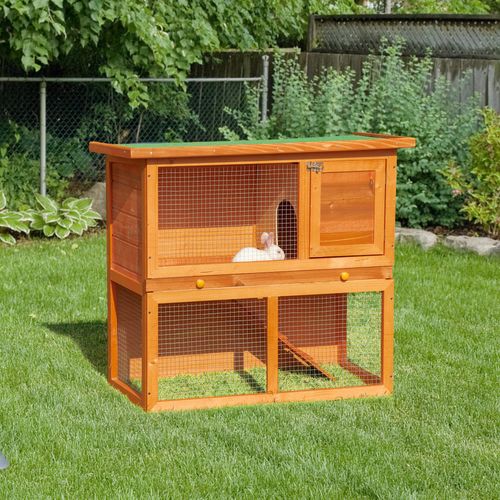 2-tier Rabbit Hutch Small Animal Wooden Bunnies House Outdoor Backyard 2 Sizes