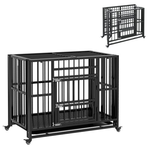 PawHut 37" Foldable Heavy Duty Dog Crate with Locks, Removable Tray, Wheels