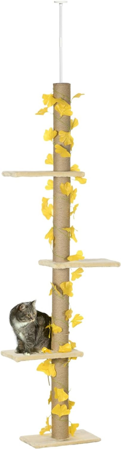 242cm Adjustable Floor-To-Ceiling Cat Tree w/ Anti-Slip Kit - Yellow