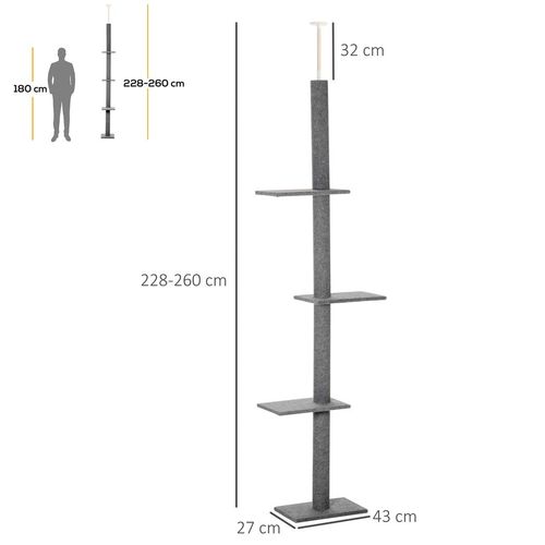 260cm Floor To Ceiling Cat Tree Kitten Tower Adjustable Height - Grey Pawhut