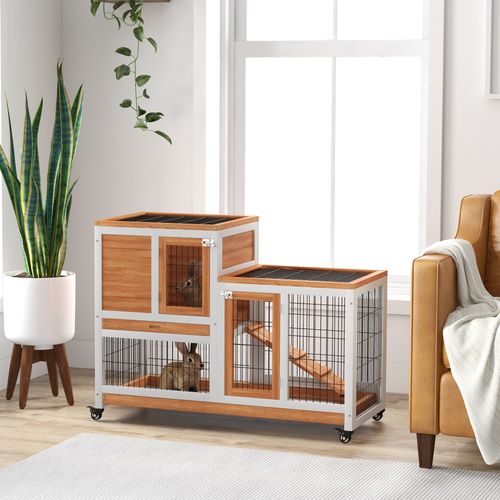 PawHut Wooden Indoor Rabbit Hutch Elevated Bunny Cage w/ Enclosed Run Wheel