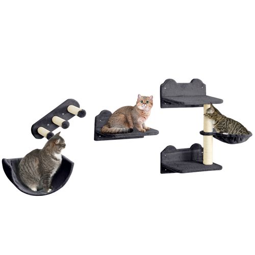 PawHut 4PCs Wall Mounted Cat Tree Cat Wall Shelves W/ Scratching Post Dark Grey