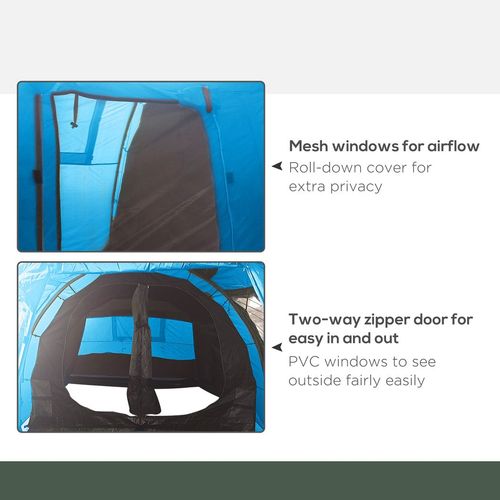 3-4 Persons Tunnel Tent, Two Room Camping Tent w/ Windows, Blue