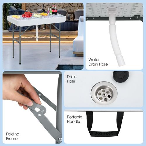 Ice Table with Drain, Folding Ice Cooler Drinks Table with Skirt, Ice Serving Buffet Bar for Party, BBQ, Camping, Garden, Folding Sink Fish/Food Cleaning Table