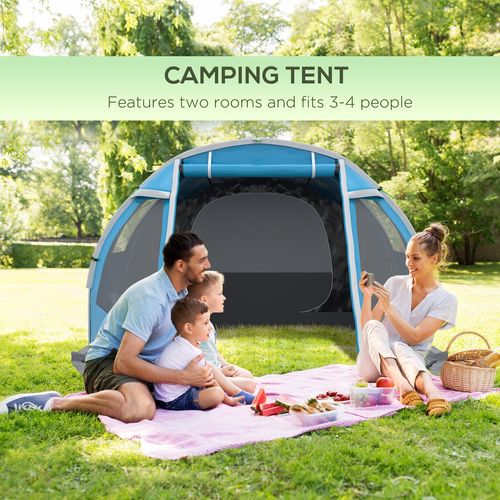 3-4 Persons Tunnel Tent, Two Room Camping Tent w/ Windows, Blue