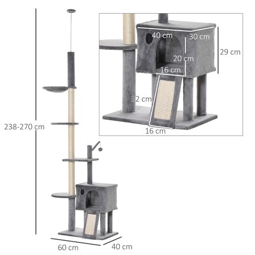 238-270cm Floor to Ceiling Cat Tree Tower w/ Scratching Post Hammock House Grey