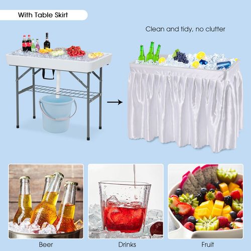 Ice Table with Drain, Folding Ice Cooler Drinks Table with Skirt, Ice Serving Buffet Bar for Party, BBQ, Camping, Garden, Folding Sink Fish/Food Cleaning Table