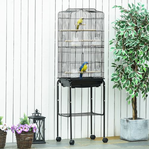 Bird Cage Metal Budgie Cages W/ Rolling Stand Slide-out Tray Storage Shelf Black