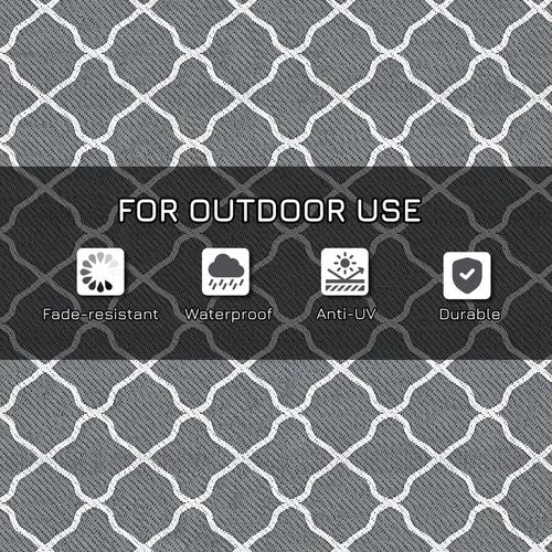 Reversible Outdoor Rug W/ Carry Bag for RV Camping Beach, 182 x 274 cm, Grey