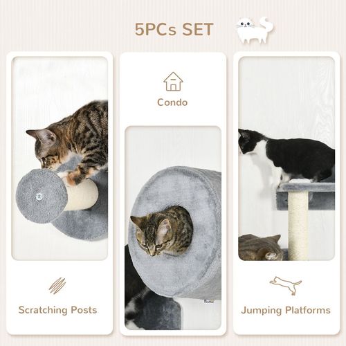 5Pcs Cat Wall Furniture with Perch, Cat Condo, Scratching Post - Grey