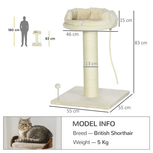 Cat Tree for Indoor Cats w/ Sisal Scratching Post, Spacious Kitten Bed - Cream