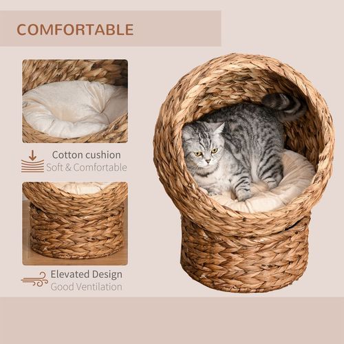 Wicker Cat House, Raised Cat Bed with Cylindrical Base, 42 x 33 x 52cm