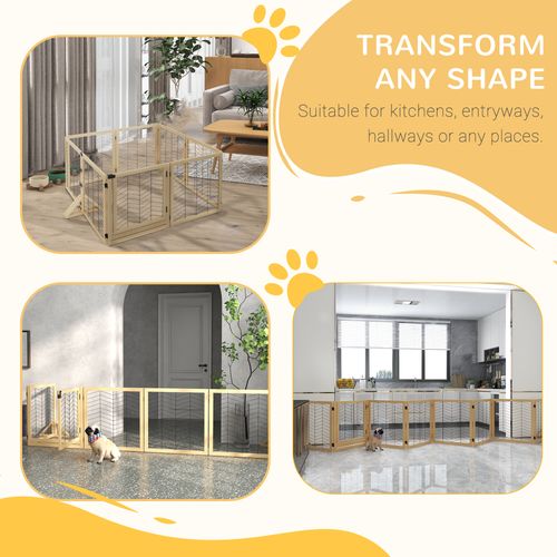 PawHut 8 Panels Freestanding Dog Barrier for S and M Dogs - Natural Wood